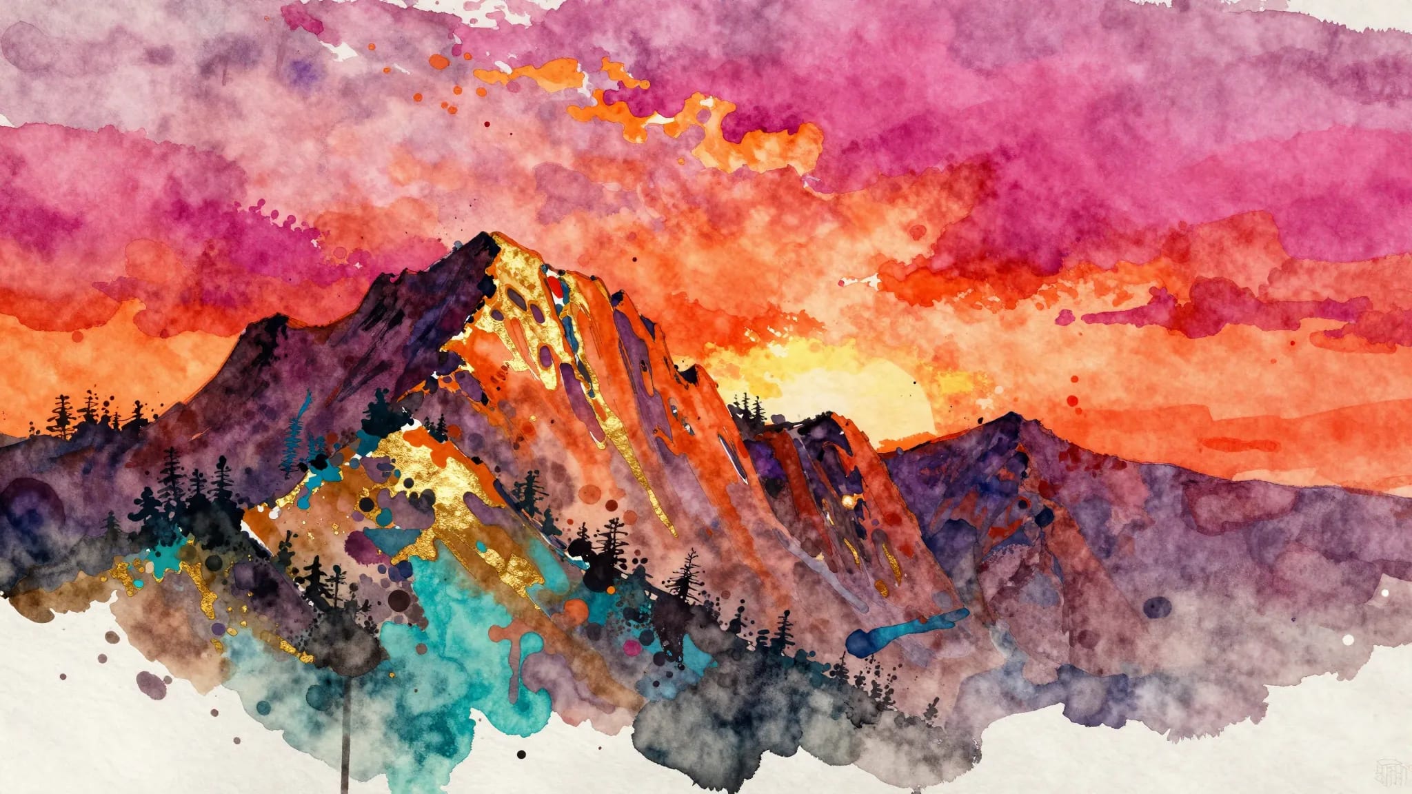 Vivid watercolor sunset mountains Frame TV art