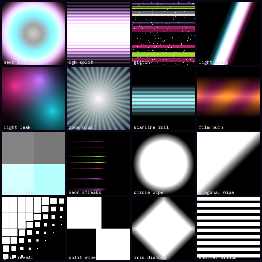Reel Transitions — 16 neon video transitions preview grid