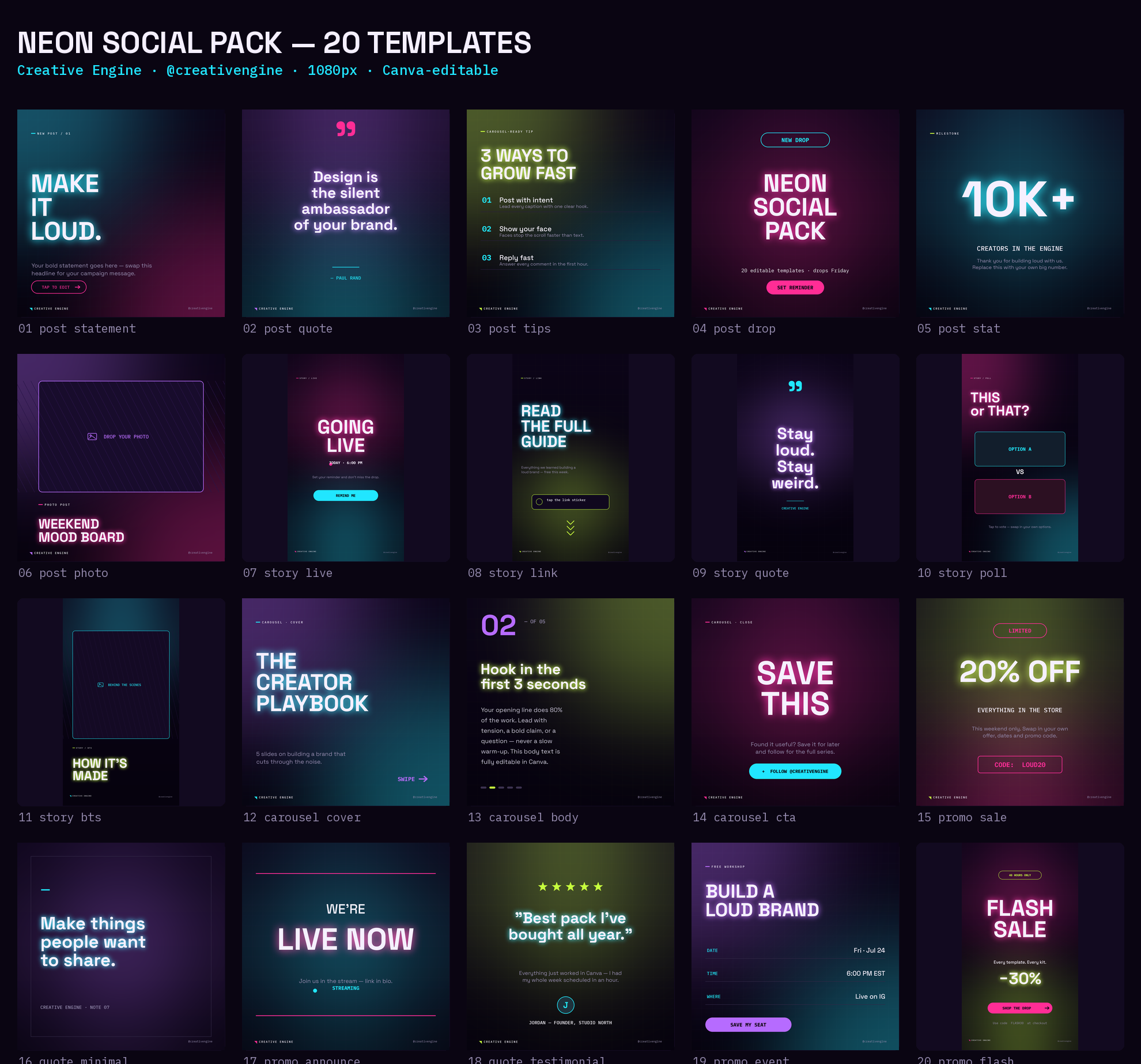 All 20 Neon Social Pack templates — posts, stories, carousels, promo cards