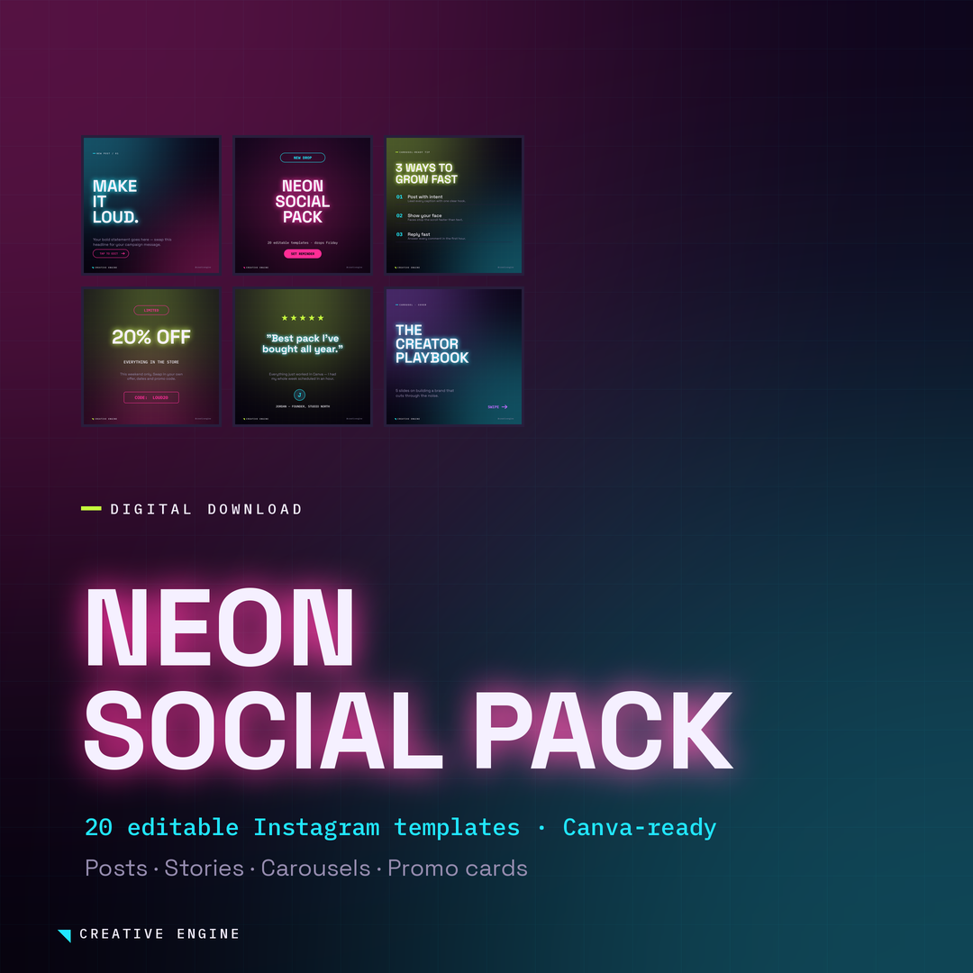 Neon Social Pack — 20 editable Instagram templates cover