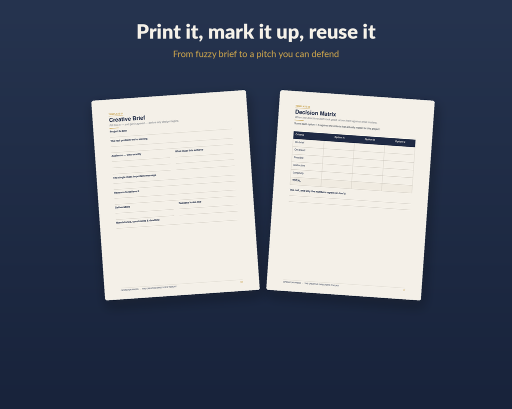 Creative brief and decision matrix template pages from the Toolkit