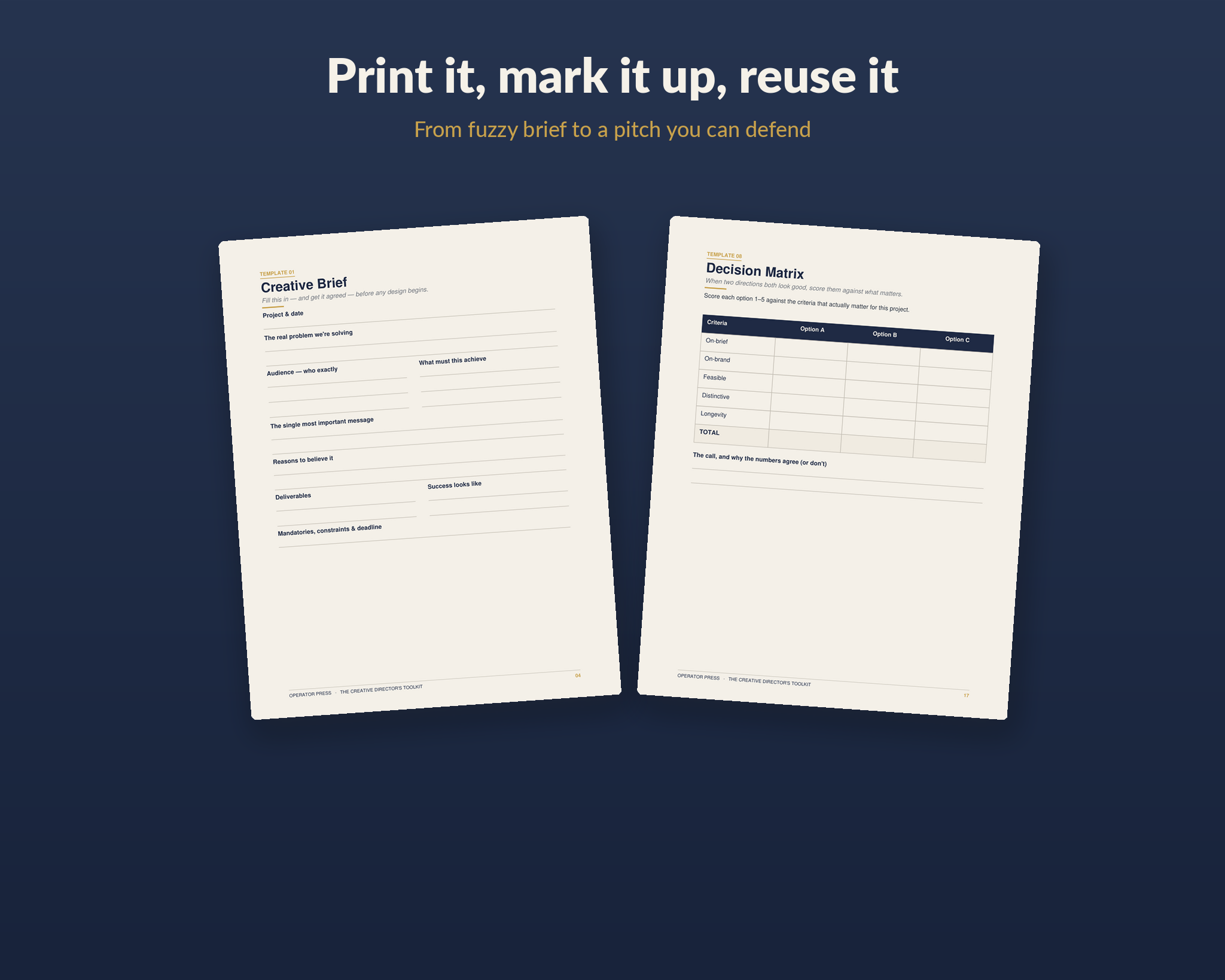 Creative brief and decision matrix template pages from the Toolkit