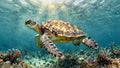 Watercolor sea turtle over a sunlit reef