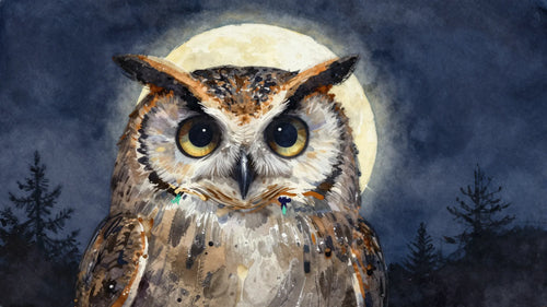 Kindred painterly watercolor owl under the moon — Wisdom