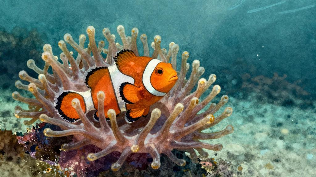 Watercolor clownfish and anemone