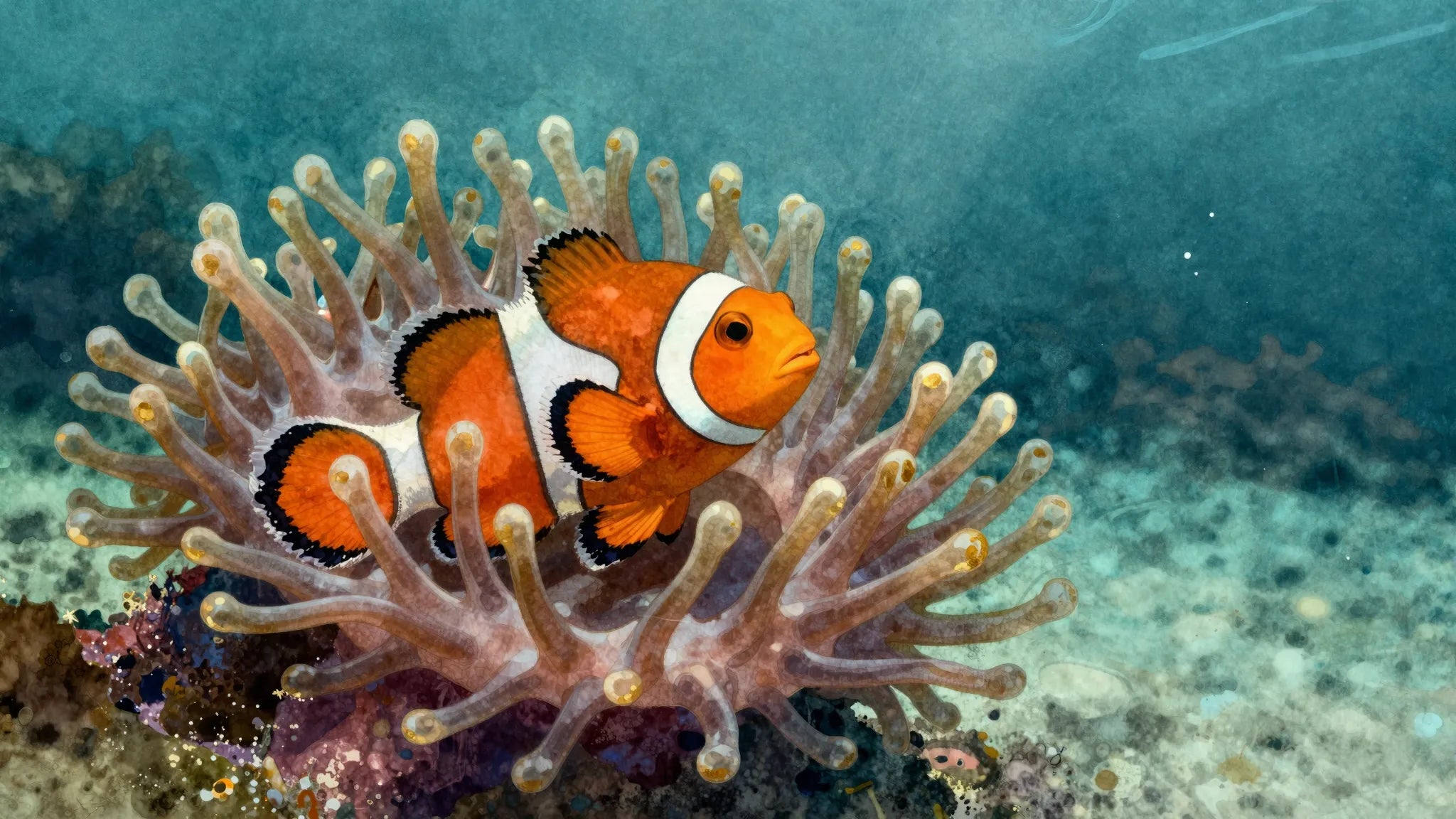 Watercolor clownfish and anemone