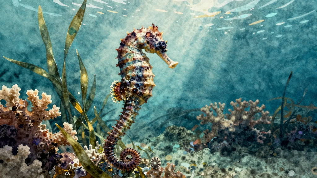 Watercolor seahorse in seagrass