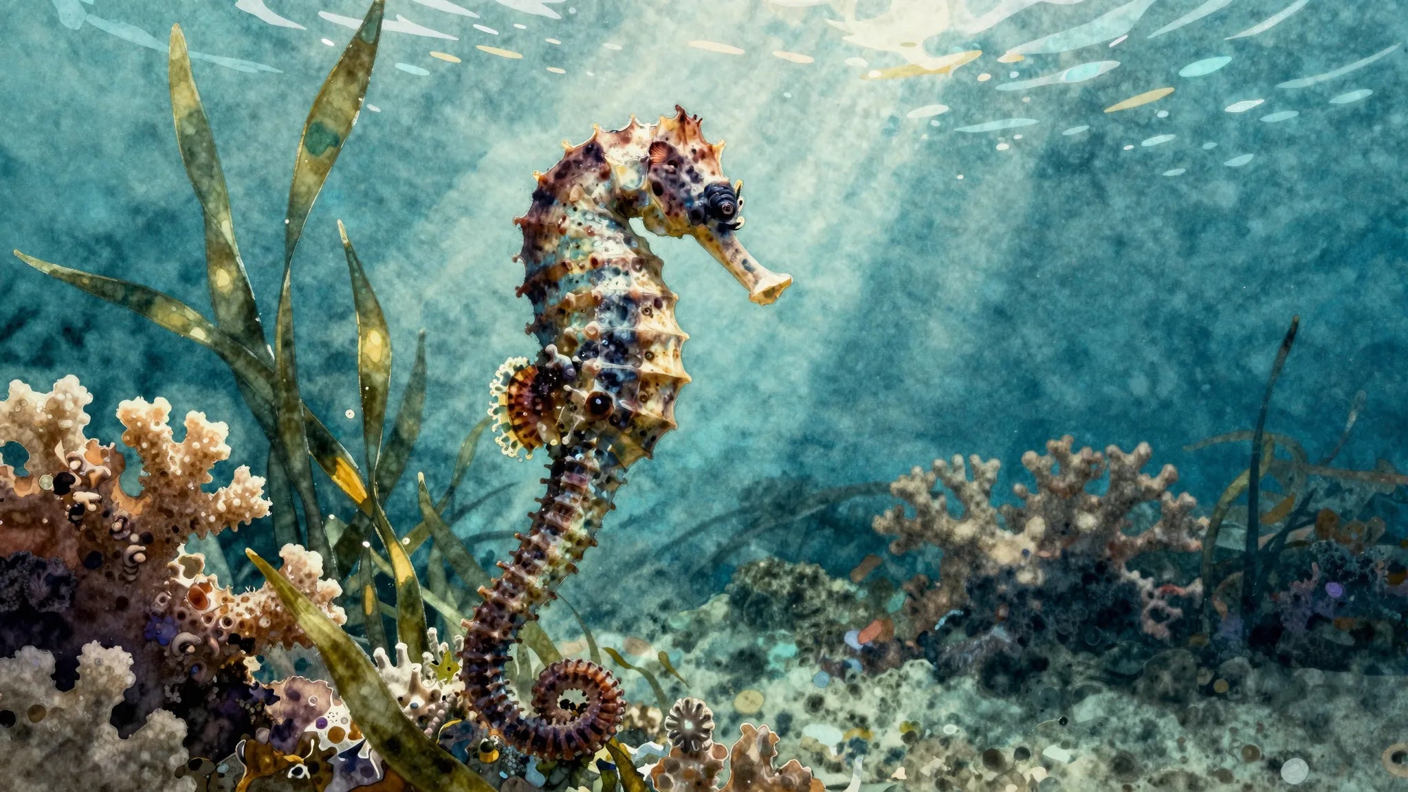 Watercolor seahorse in seagrass