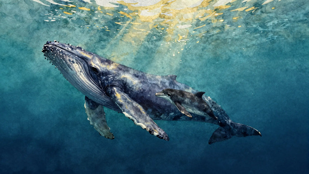 Watercolor humpback whale and calf