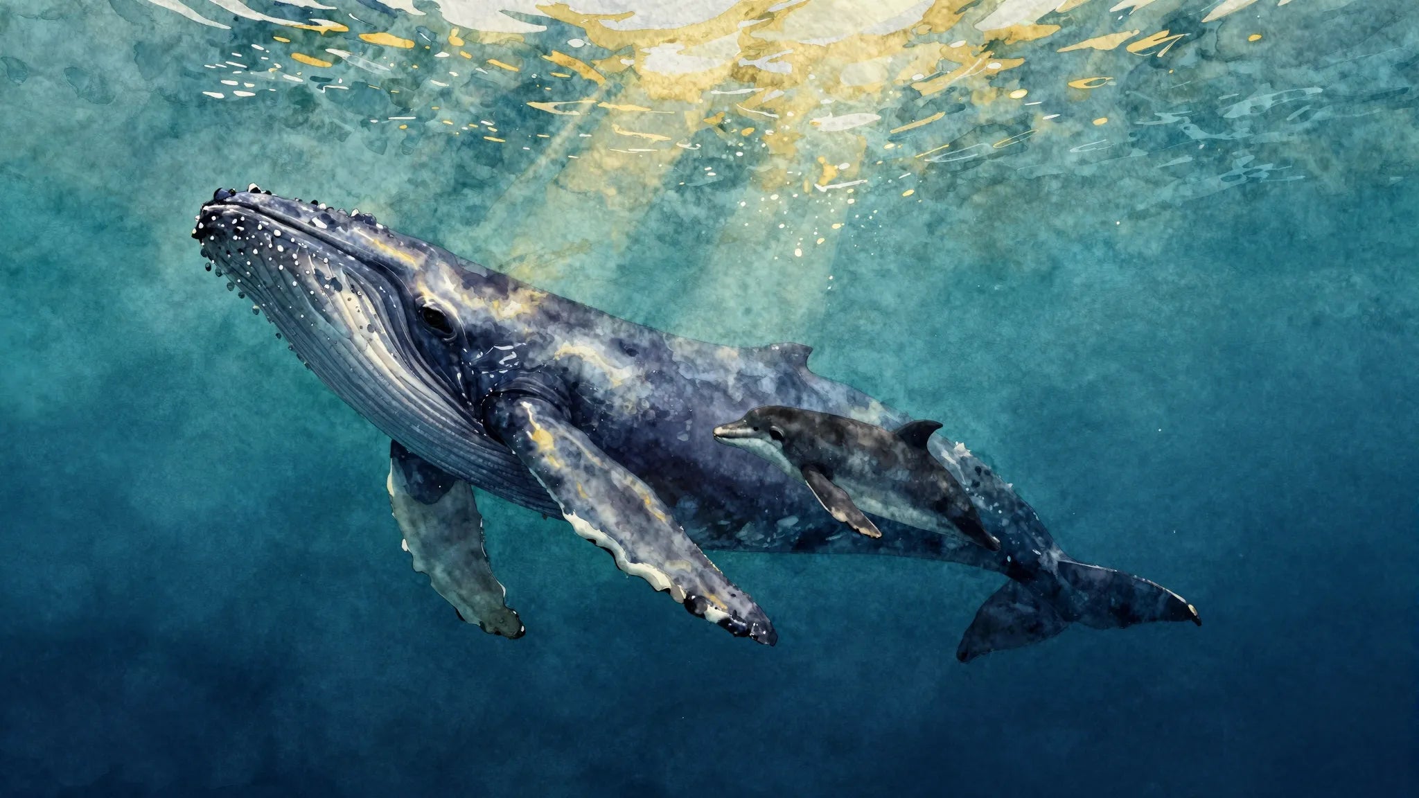 Watercolor humpback whale and calf