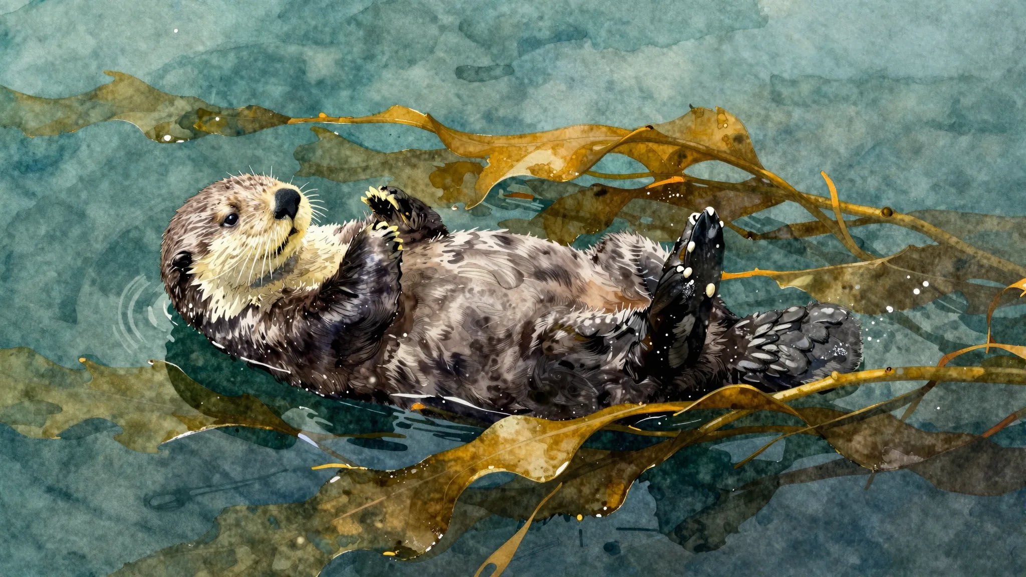 Watercolor sea otter in kelp