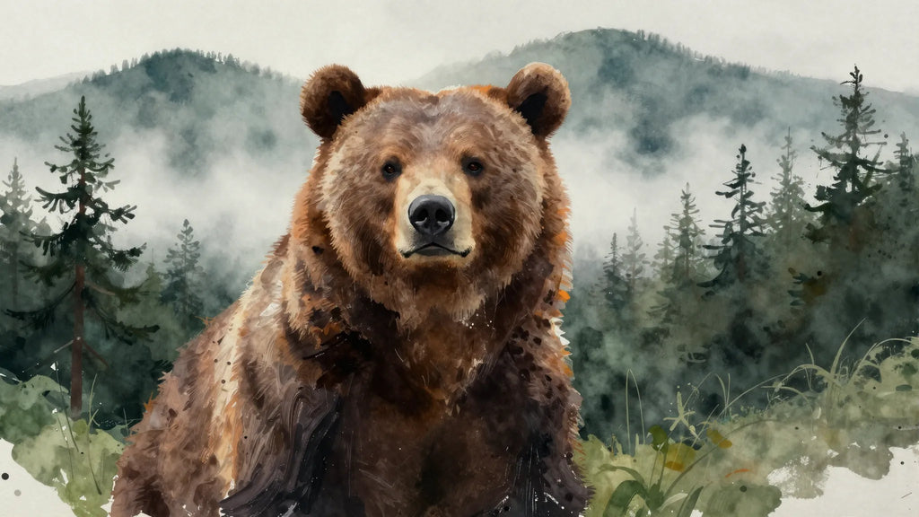 Kindred painterly watercolor bear in misty pines — Strength