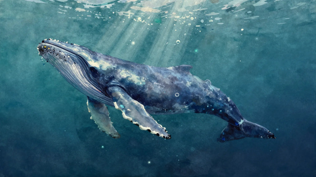 Kindred painterly watercolor whale in deep ocean — Depth