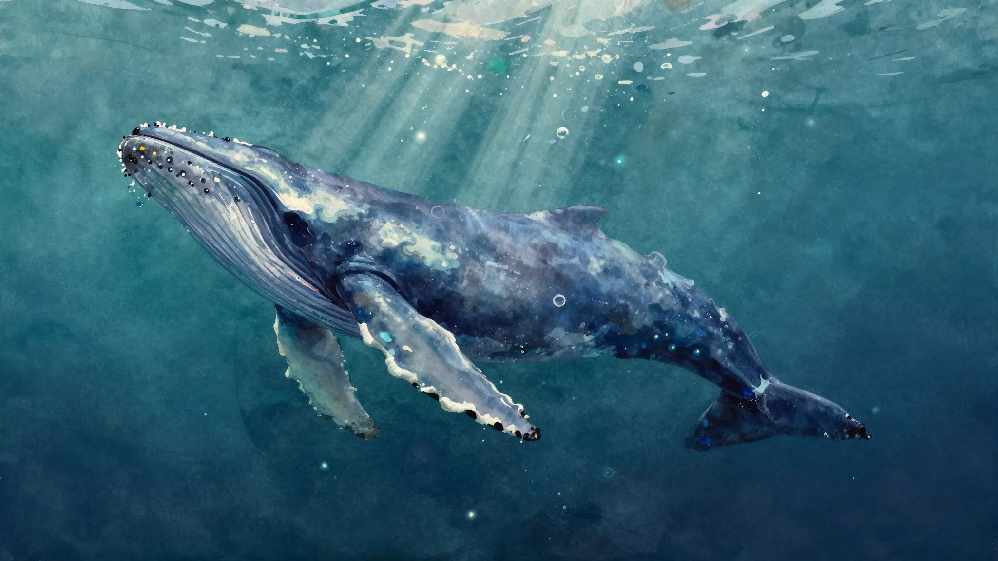Kindred painterly watercolor whale in deep ocean — Depth