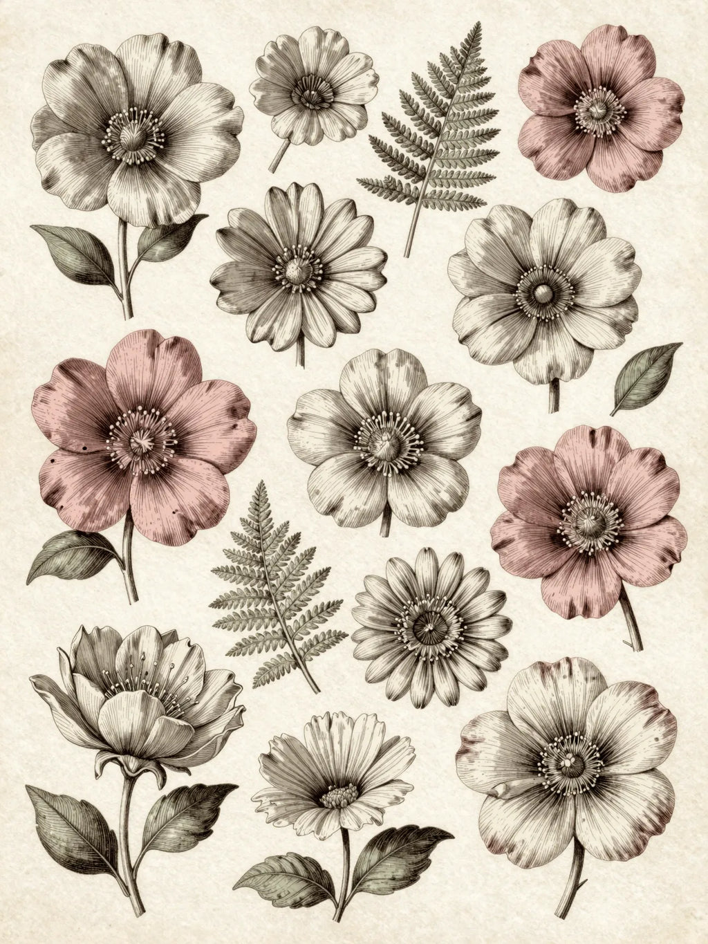 Detailed vintage botanical illustration ephemera sheet