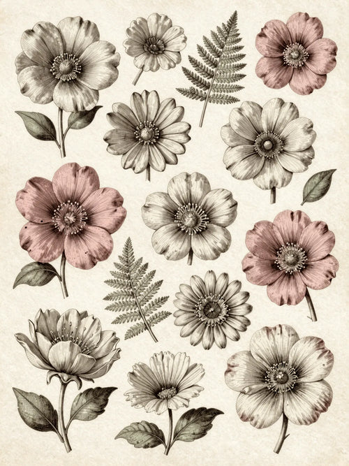 Detailed vintage botanical illustration ephemera sheet
