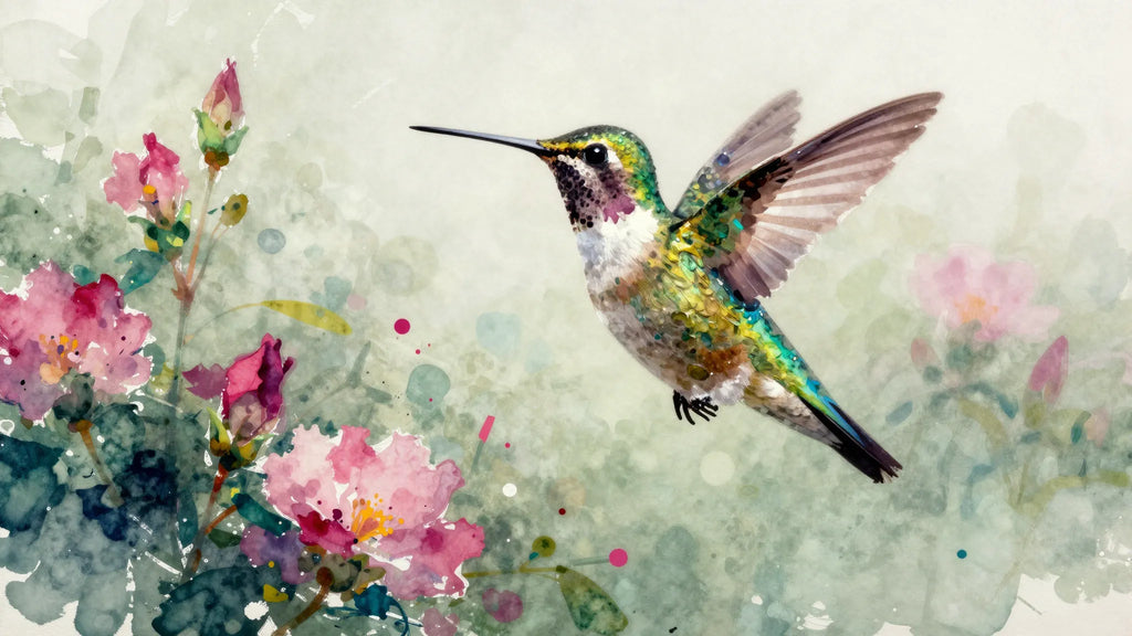 Kindred painterly watercolor hummingbird in garden — Joy