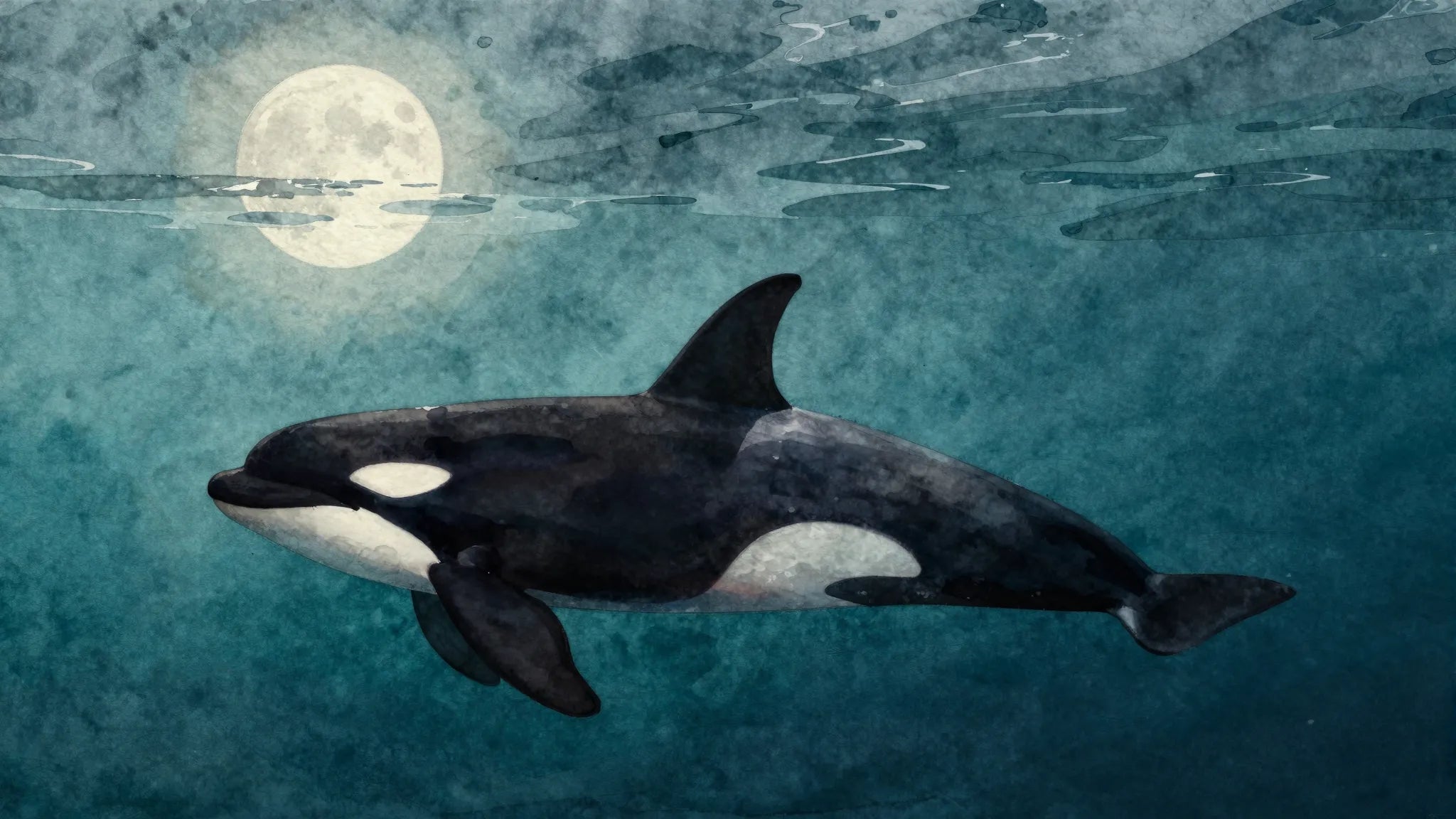 Watercolor moonlit orca