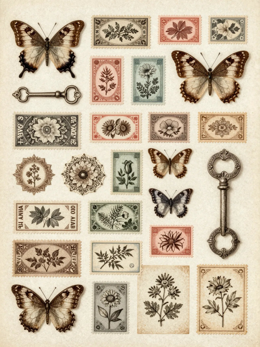 Detailed vintage stamps tickets and ephemera sheet