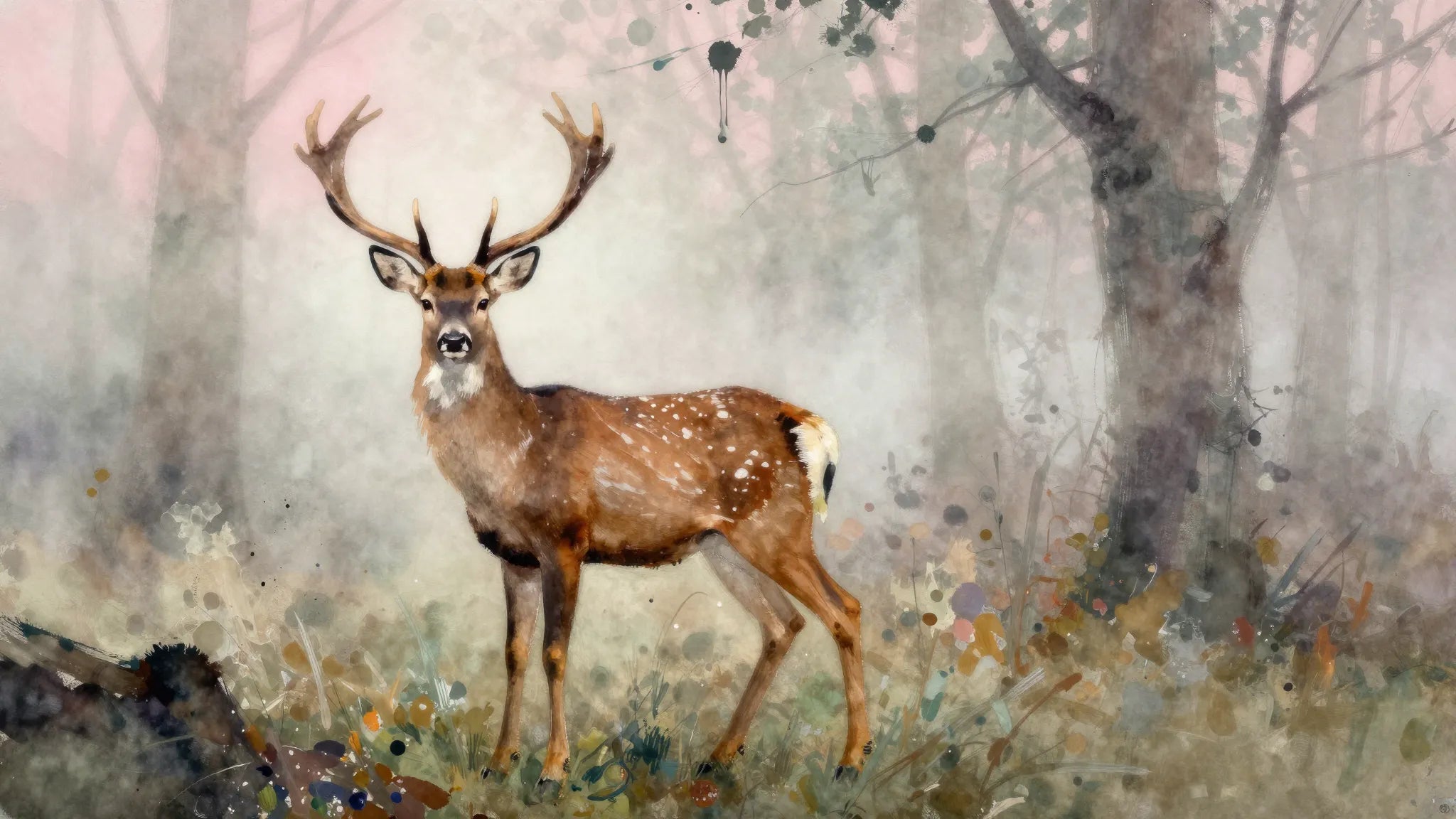 Kindred painterly watercolor deer in foggy woodland — Grace