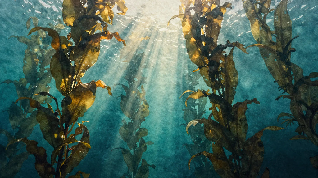 Watercolor sunlit kelp forest