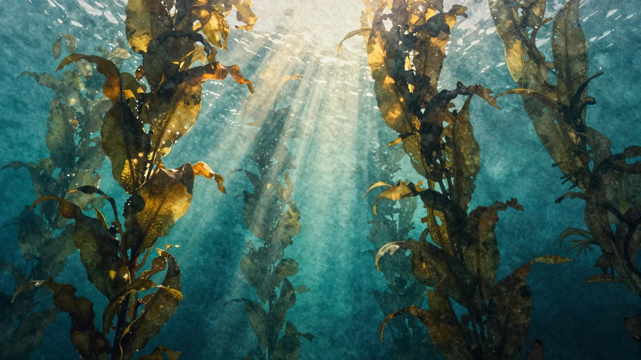 Watercolor sunlit kelp forest