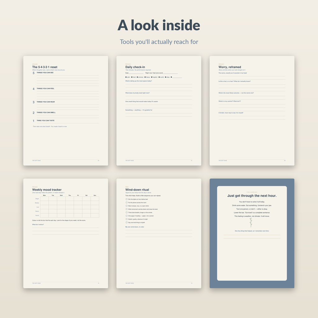 A look inside the Still & Well workbook — grounding, journaling and tracker pages