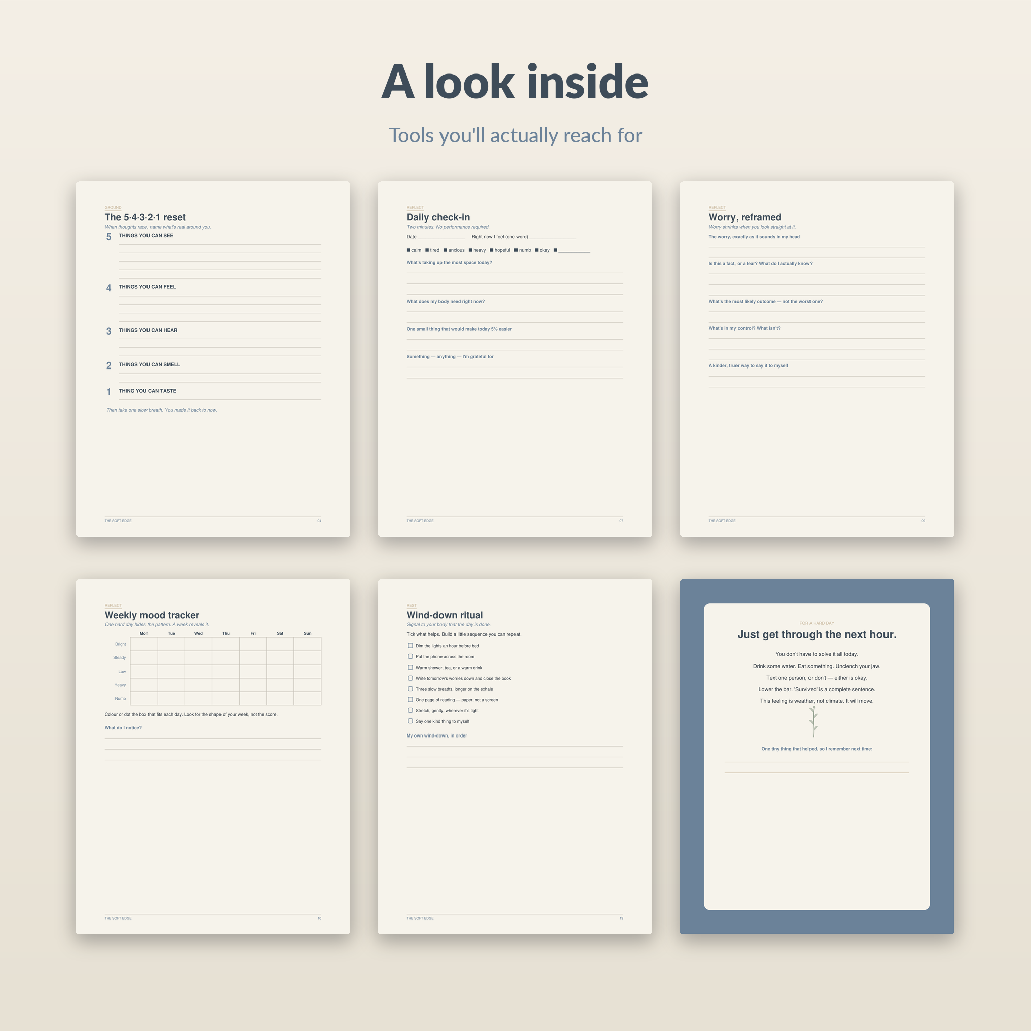 A look inside the Still & Well workbook — grounding, journaling and tracker pages