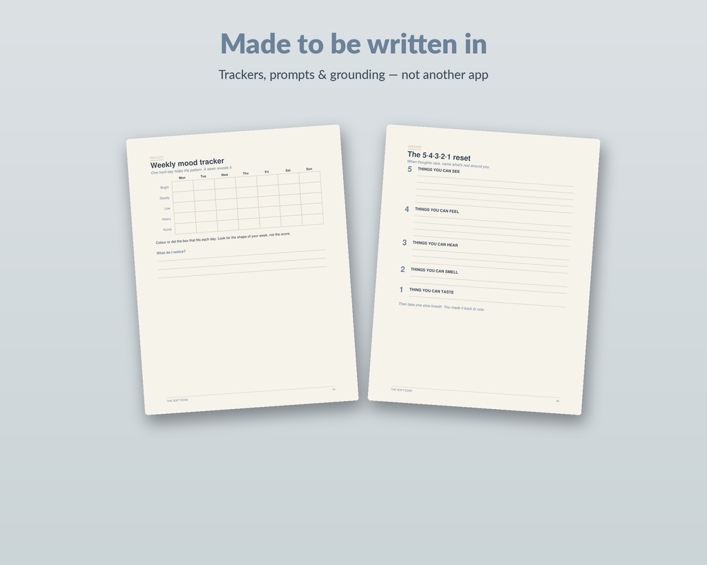 Still & Well mood tracker and grounding worksheet pages