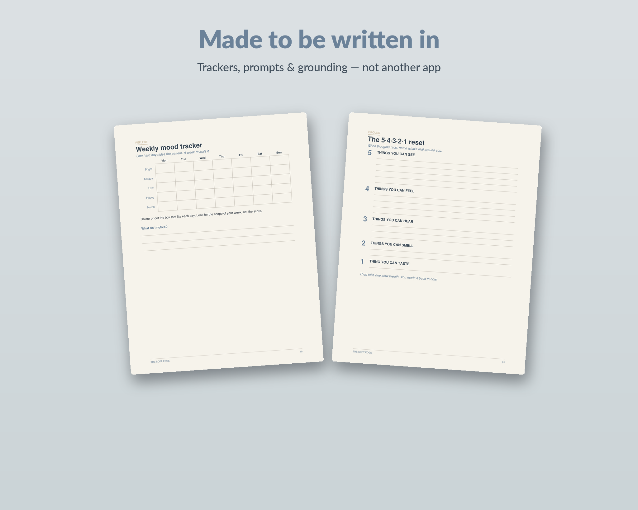 Still & Well mood tracker and grounding worksheet pages